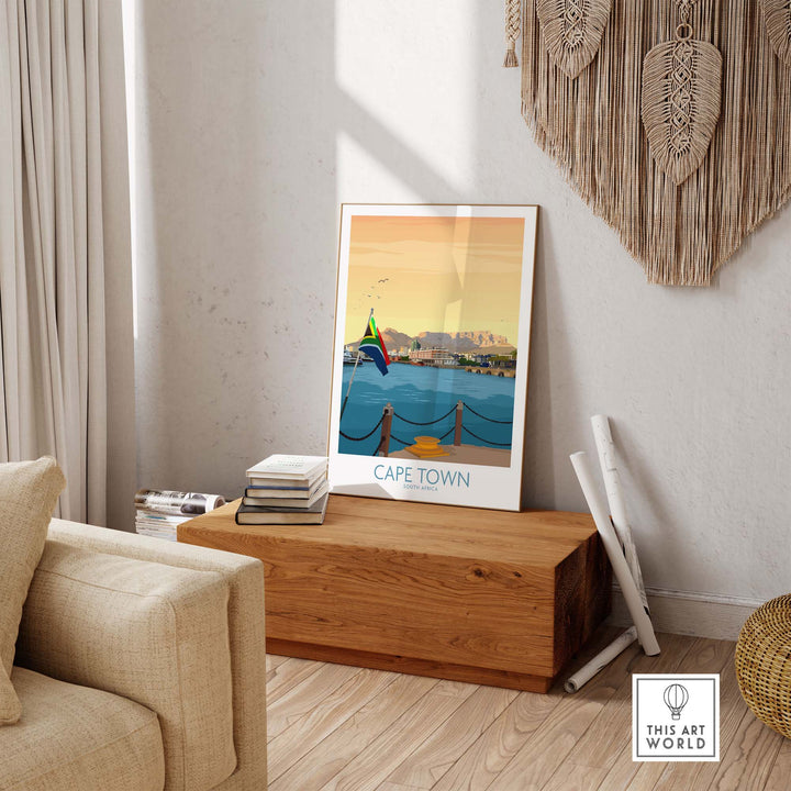 Cape Town print poster displayed in modern interior, capturing vintage travel vibes and coastal scenery.