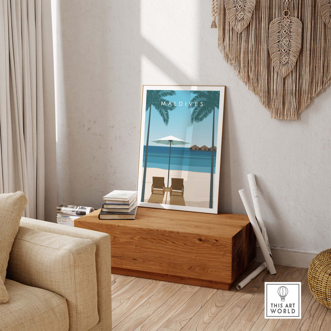 Maldives poster showcasing serene beach scene with palm trees and lounge chairs, perfect for home or office decor.