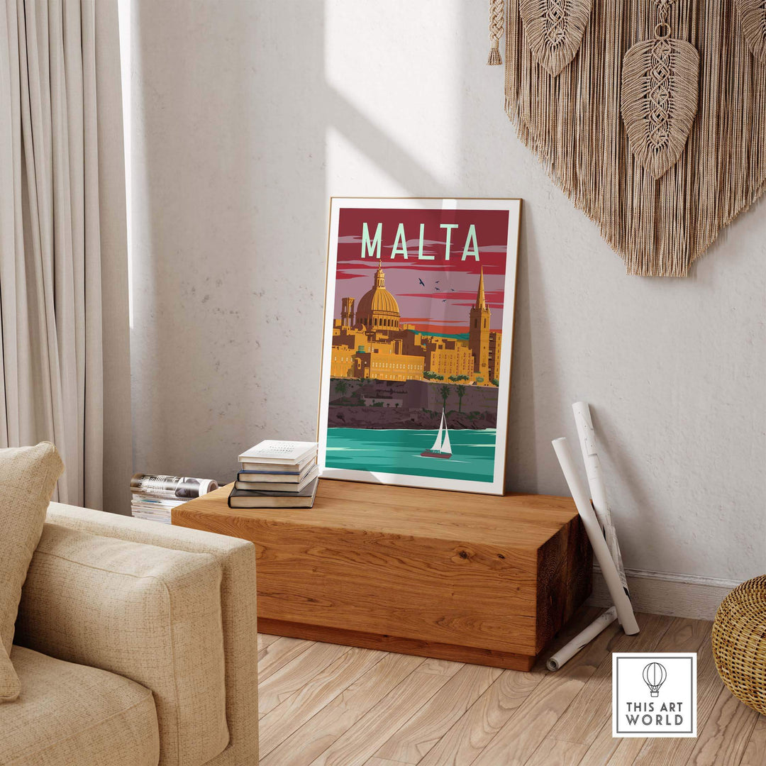 Malta vintage travel poster print displayed in a stylish home setting, showcasing vibrant colors and iconic landmarks.