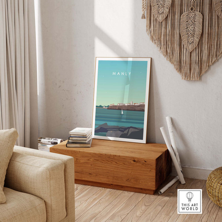 Manly Australia Poster Print displayed in a stylish living room setting with natural light and cozy decor.