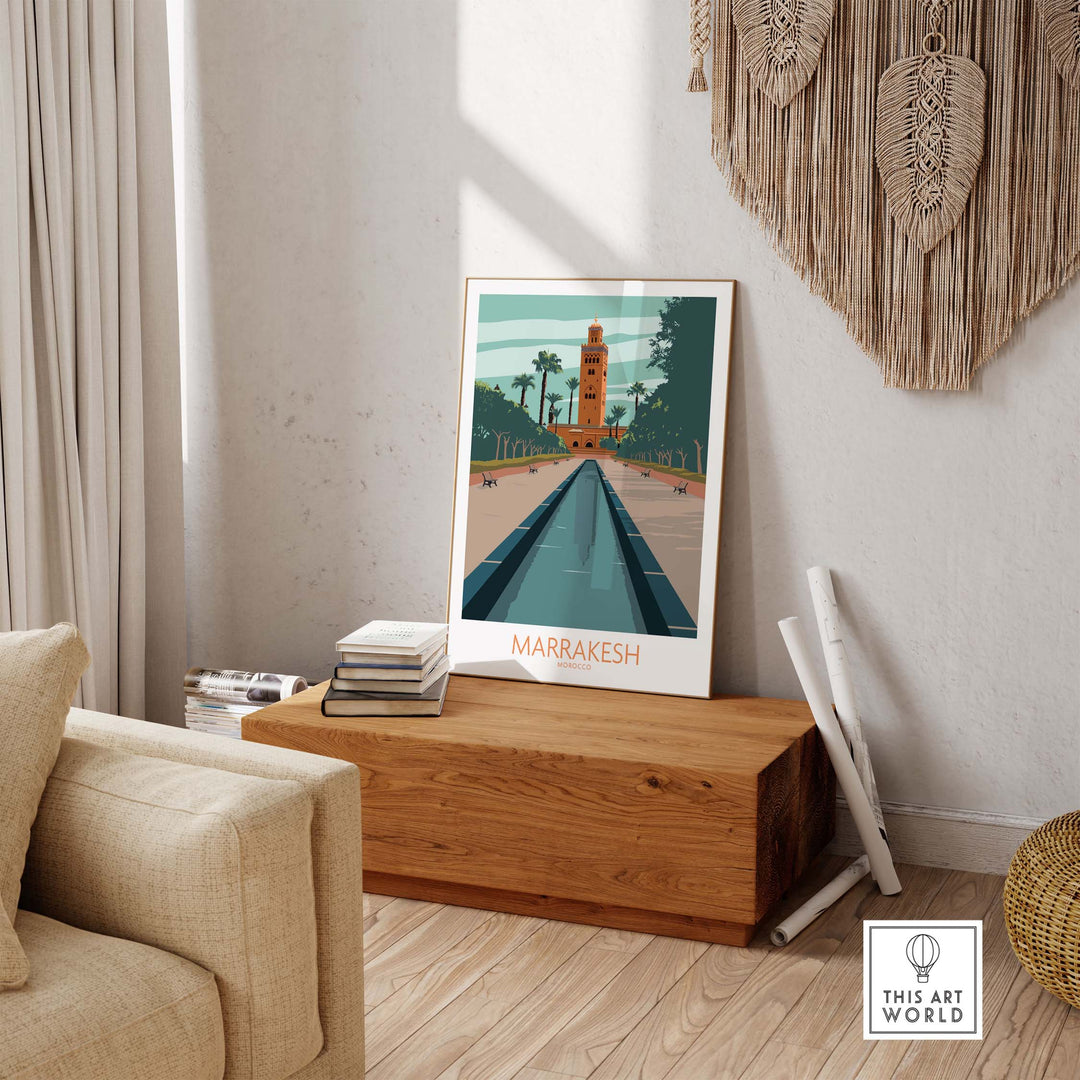 Marrakesh Poster Morocco wall art displayed in a stylish room with wooden accents and cozy decor.