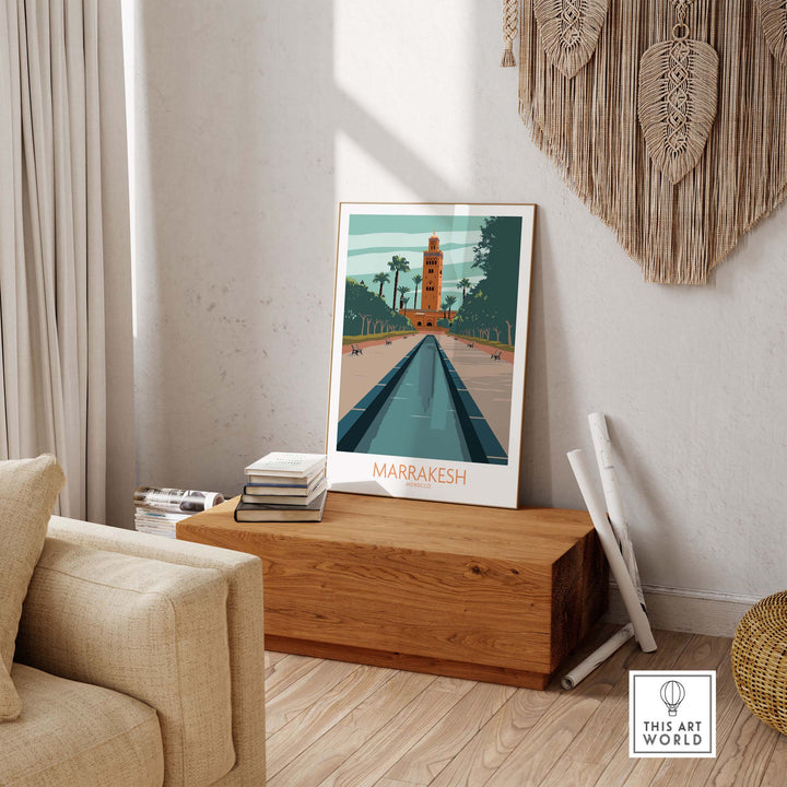 Marrakesh Poster Morocco wall art displayed in a stylish room with wooden accents and cozy decor.