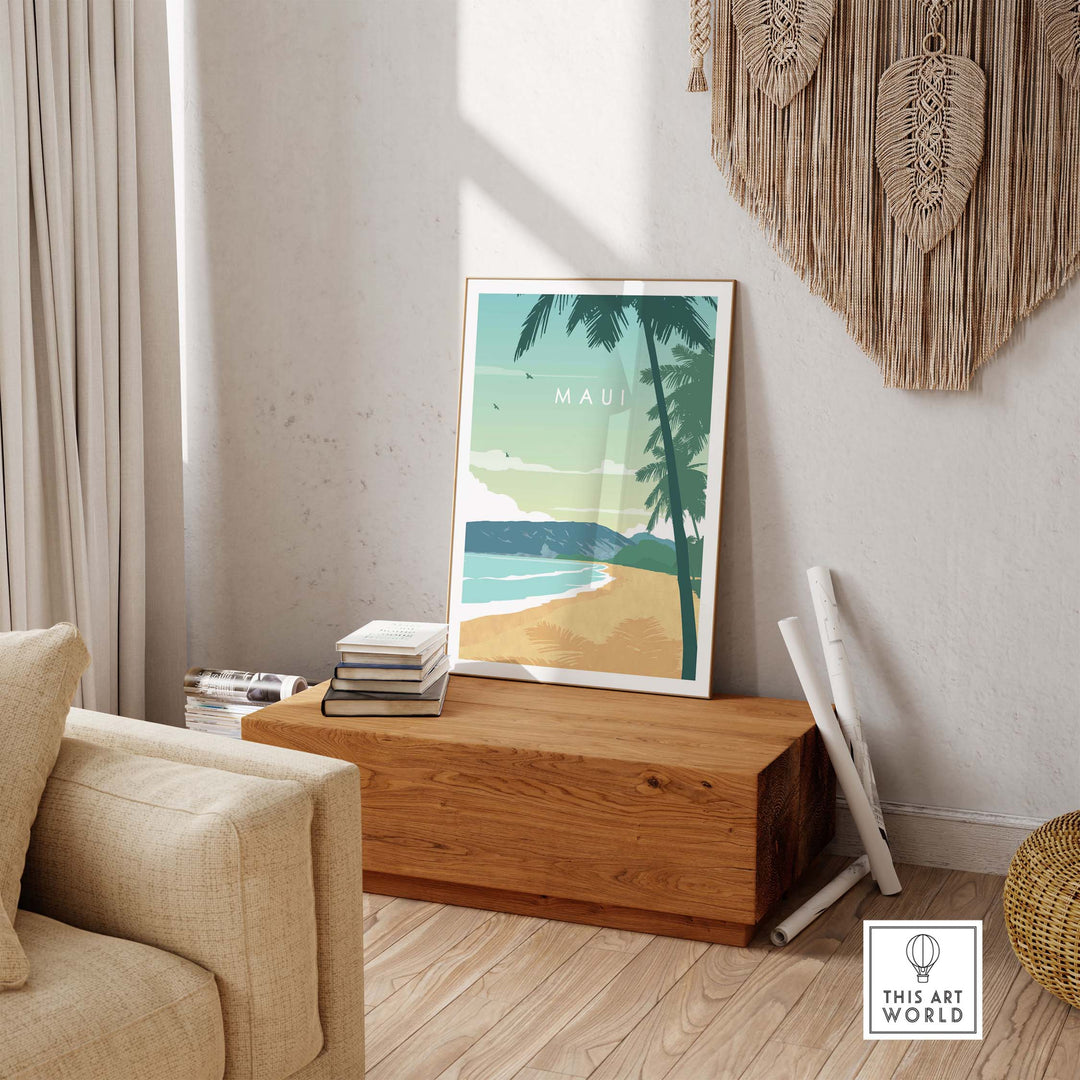 Maui Print Wall Art Poster displayed in a cozy room, featuring a beach scene and palm trees for a calming aesthetic.