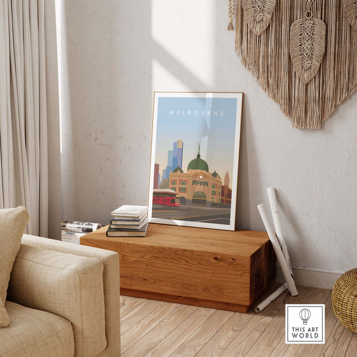Melbourne Wall Art Print displayed in a minimalist living room setting, featuring stylish travel-inspired design.
