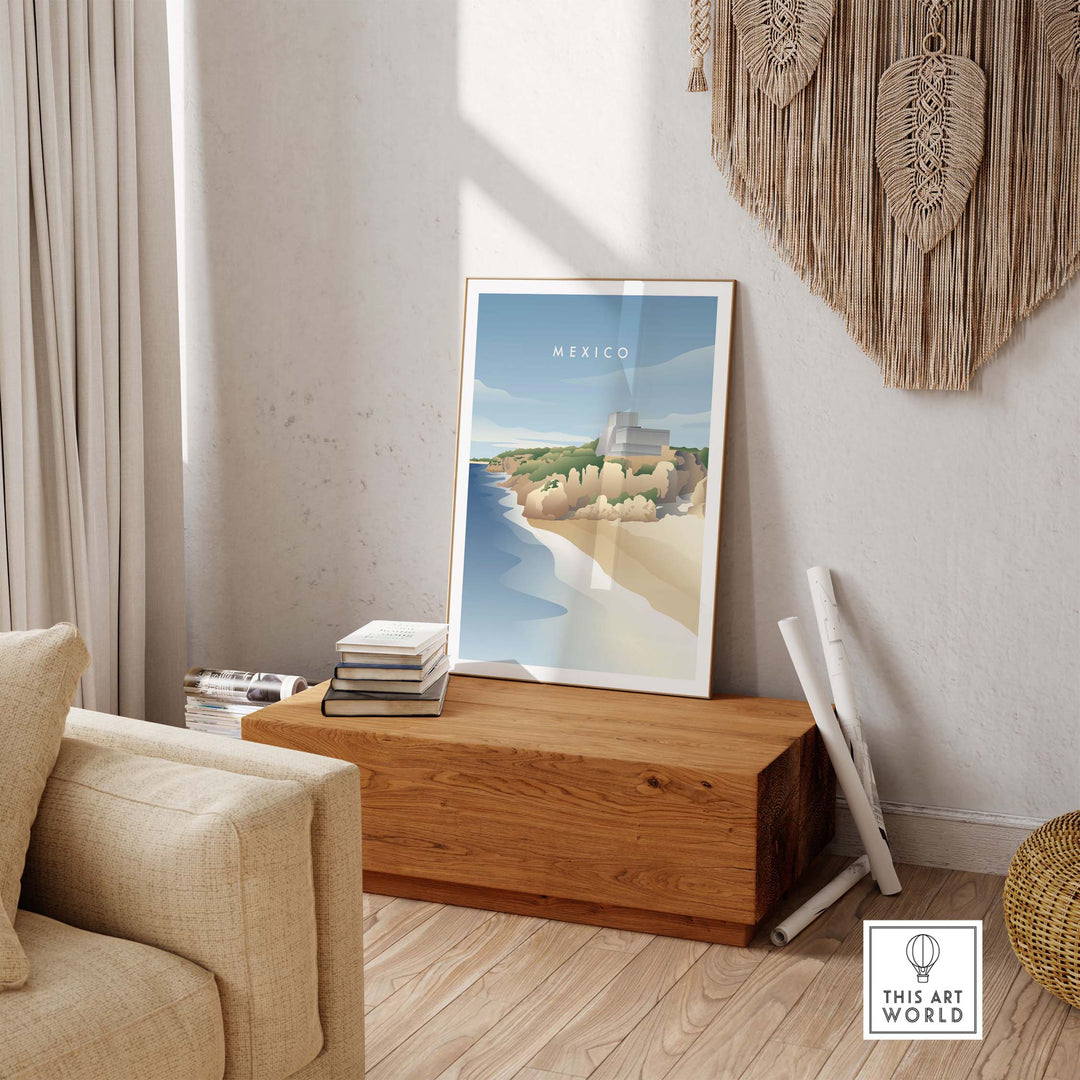 Stylish Mexico wall art poster featuring a coastal landscape, perfect for home or office decor, framed or unframed.