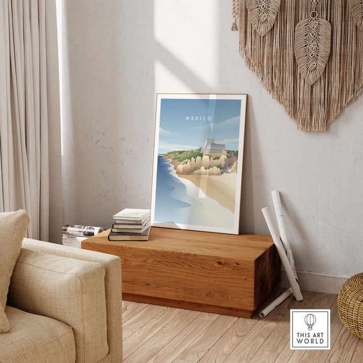Stylish Mexico wall art poster featuring a coastal landscape, perfect for home or office decor, framed or unframed.