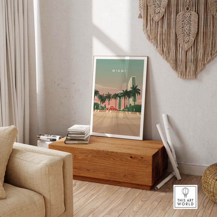Miami print wall art poster displayed in a stylish interior, capturing vintage travel aesthetic with palm trees.