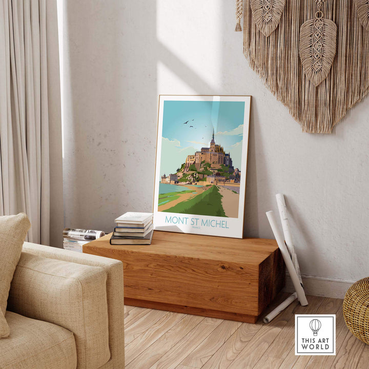 Stylish Mont Saint Michel print displayed in a cozy living room, adding vintage travel art charm to home decor.