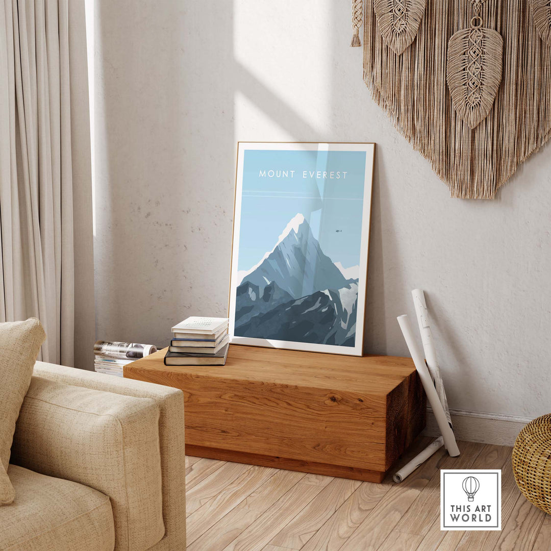 Mount Everest poster displayed in a stylish living room, inspiring wanderlust and adventure.