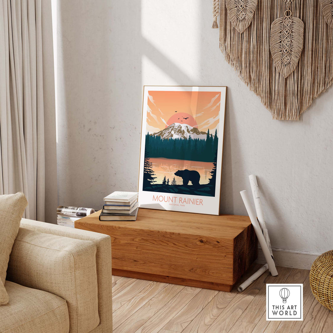 Mount Rainier Poster featuring a bear silhouette, minimalist design, perfect for nature lovers' home decor.