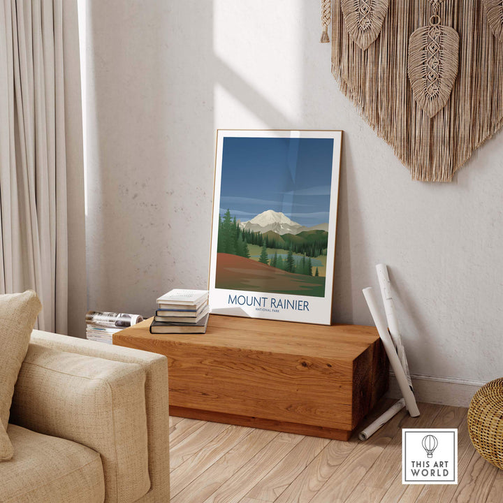Mount Rainier National Park art print displayed in a modern living room, perfect for nature lovers and travel enthusiasts.