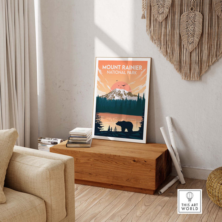 Mount Rainier National Park poster featuring a bear, mountains, and sunset, displayed in a stylish home setting.