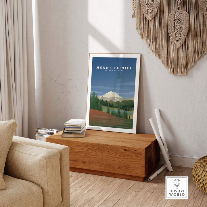 Stylish Mount Rainier National Park art print displayed in a cozy living room setting.