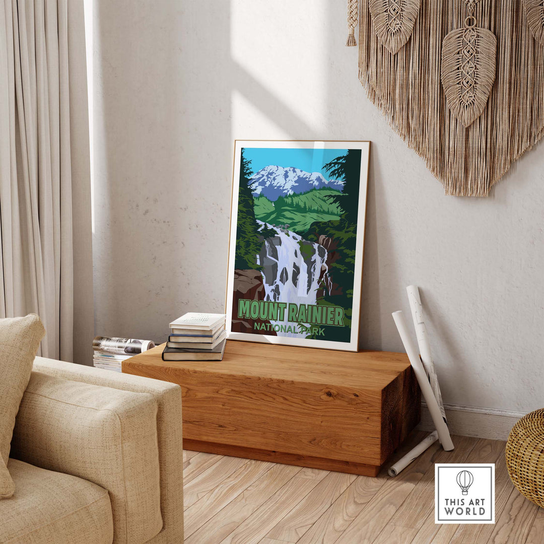 Vintage-style Mount Rainier National Park print displayed in a cozy living room setting.