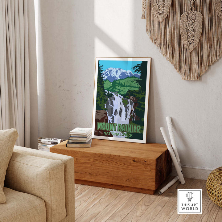 Vintage-style Mount Rainier National Park print displayed in a cozy living room setting.