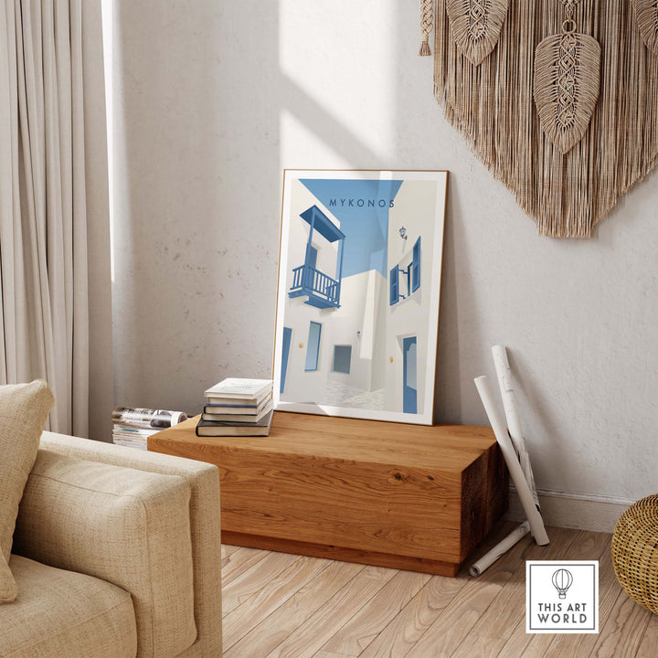 Mykonos wall art poster displayed in a cozy living room, adding a touch of Greek island charm to any space.