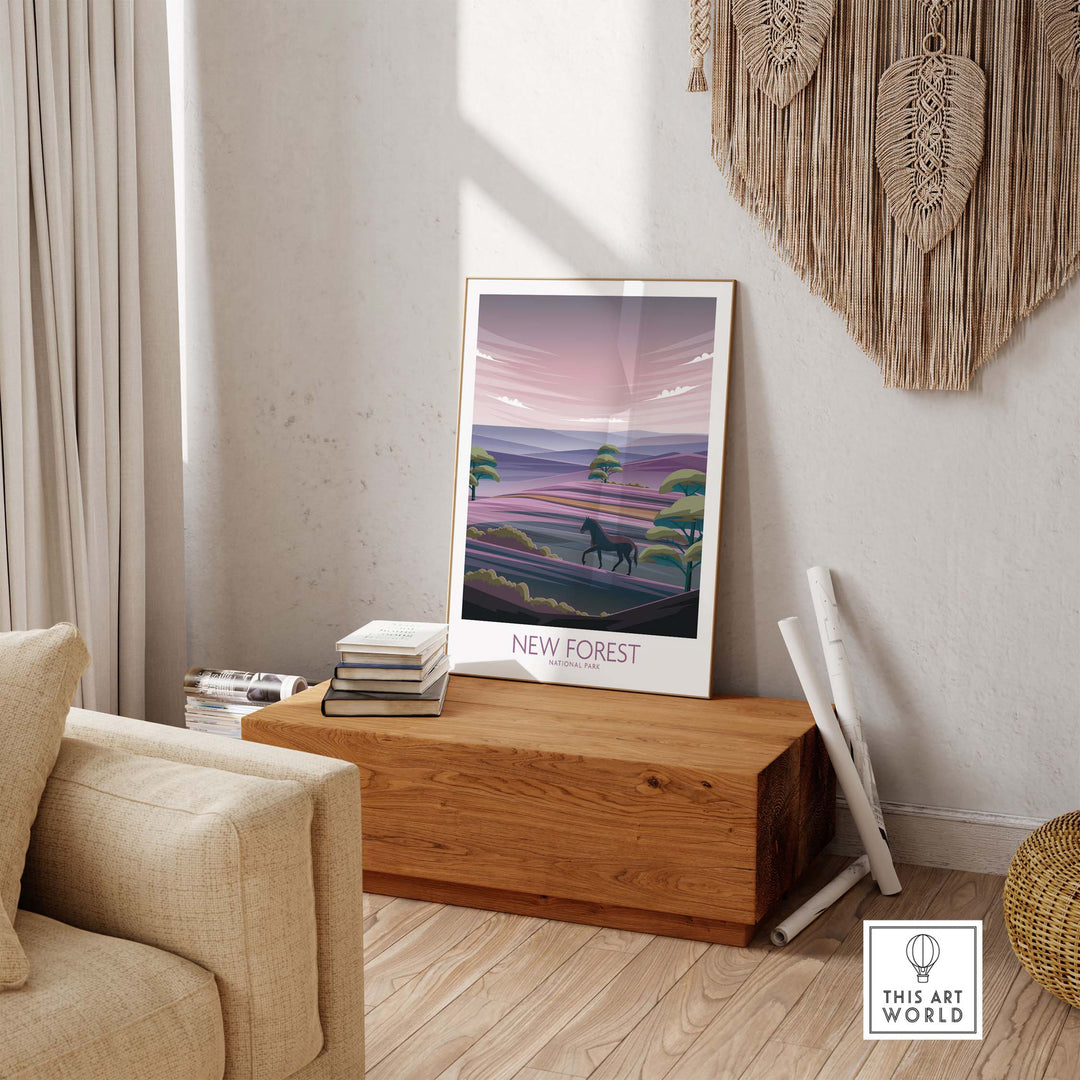 New Forest National Park art print displayed in a stylish interior, showcasing nature and minimalist design.