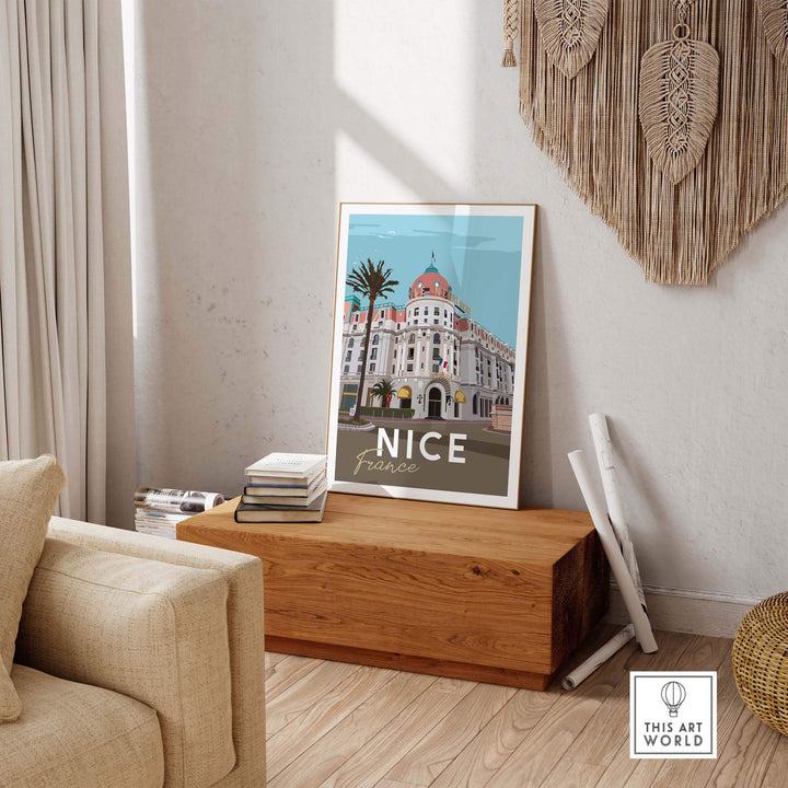 Nice France Print Poster Wall Art in a stylish living room setting, showcasing vintage travel nostalgia.