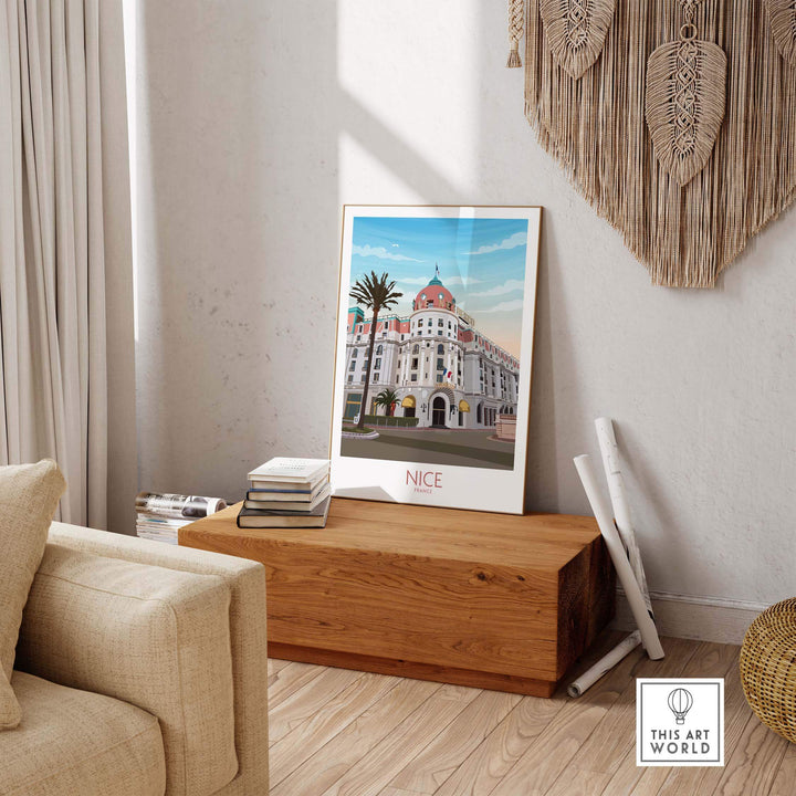 Stylish Nice France Travel Print displayed in a living room on a wooden table, featuring vintage architecture.