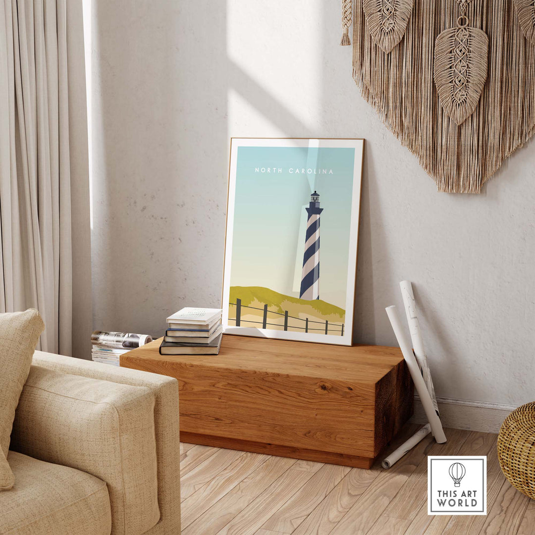North Carolina travel poster print displayed in a minimalist home interior with lighthouse design.