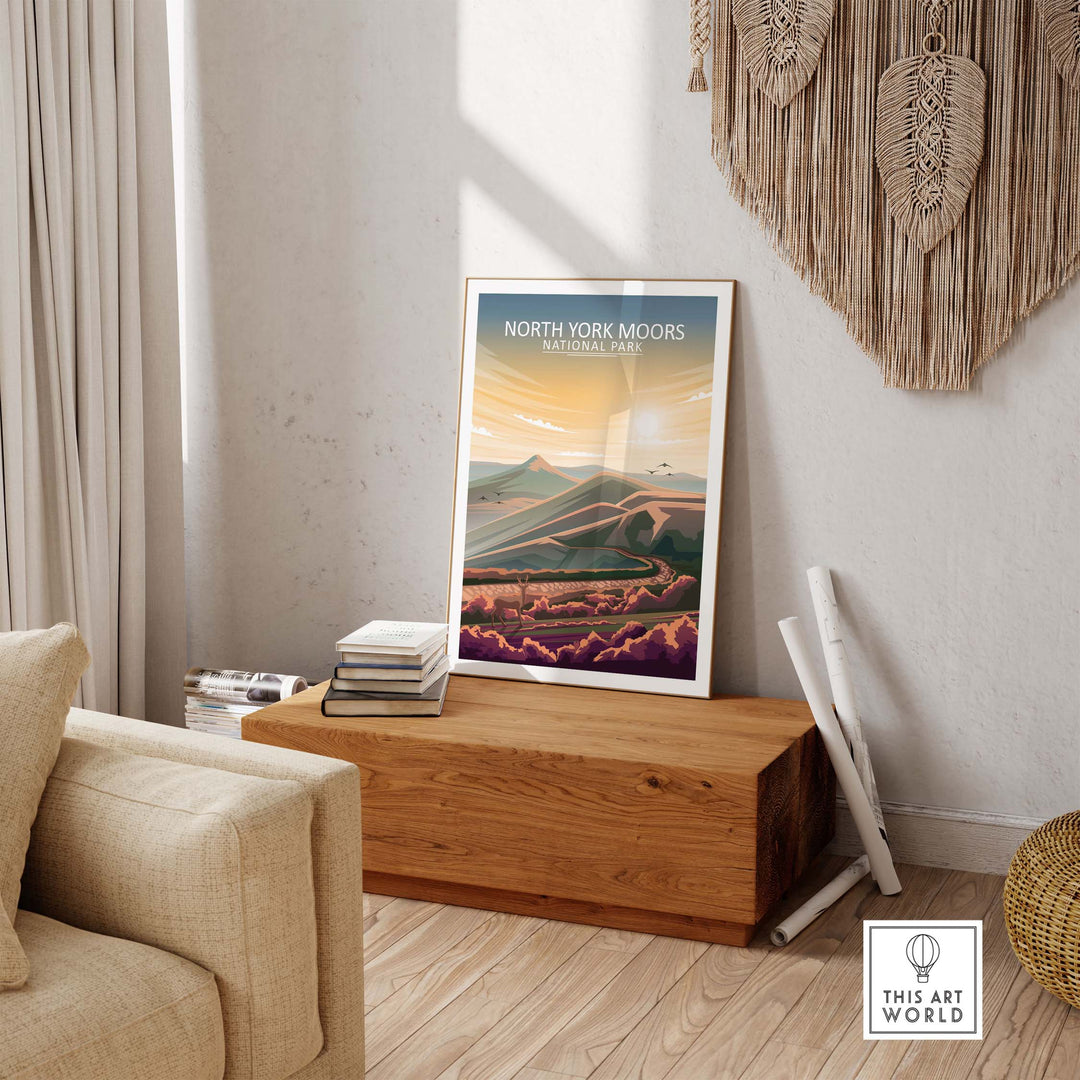 North York Moors National Park poster displayed in a cozy living room setting, featuring minimalist landscape design.