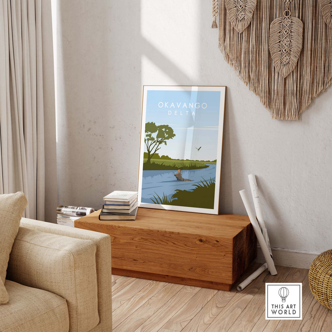 Okavango Botswana print in a minimalist frame, showcasing lush scenery and nostalgic travel vibes.