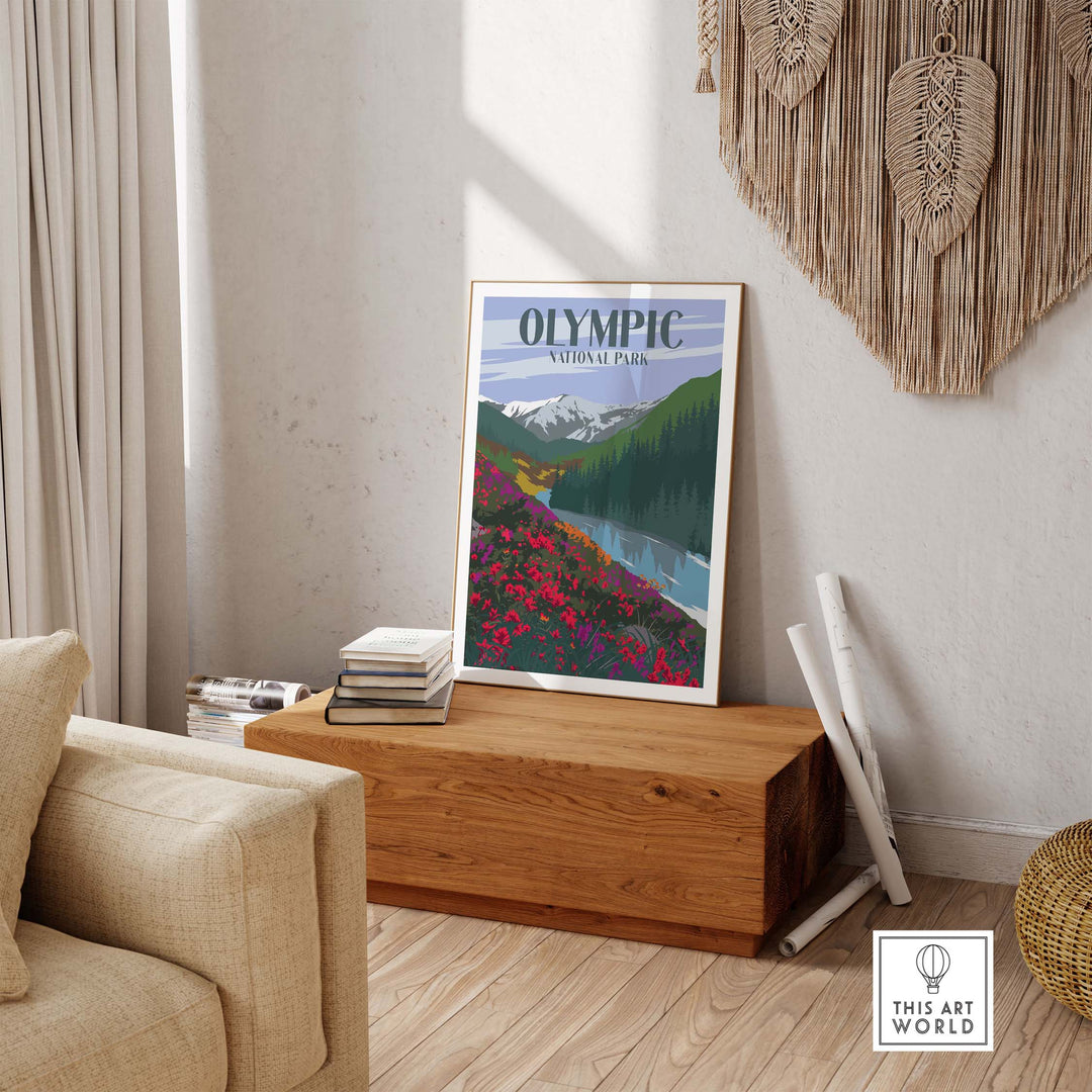 Olympic National Park vintage travel poster displayed in a stylish home setting, featuring mountains and blooming flowers.