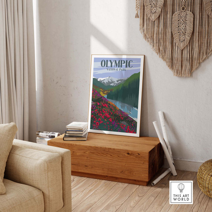 Olympic National Park vintage travel poster displayed in a stylish home setting, featuring mountains and blooming flowers.