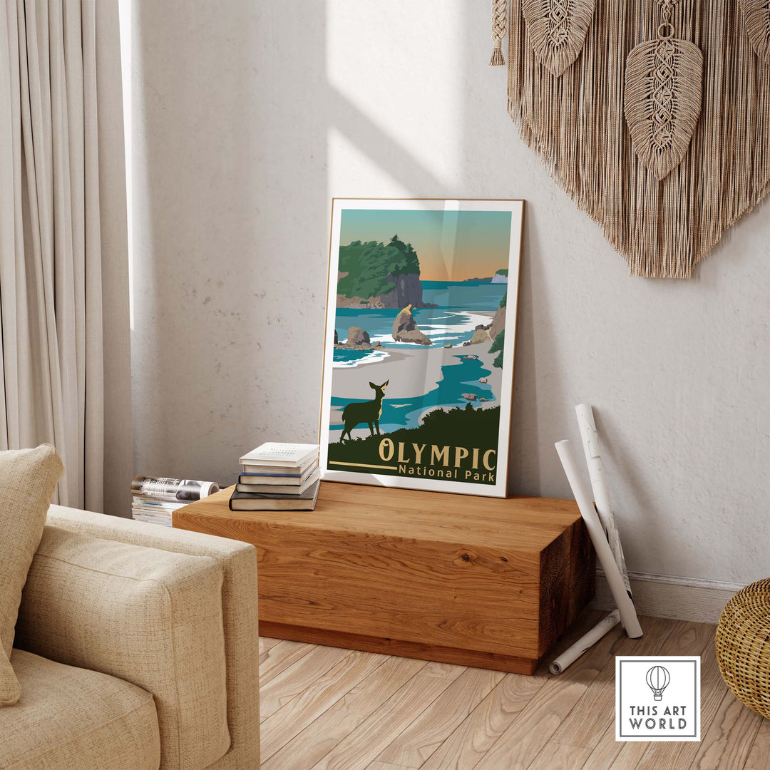 Olympic National Park Print displayed in a rustic living room, showcasing vintage travel poster design.