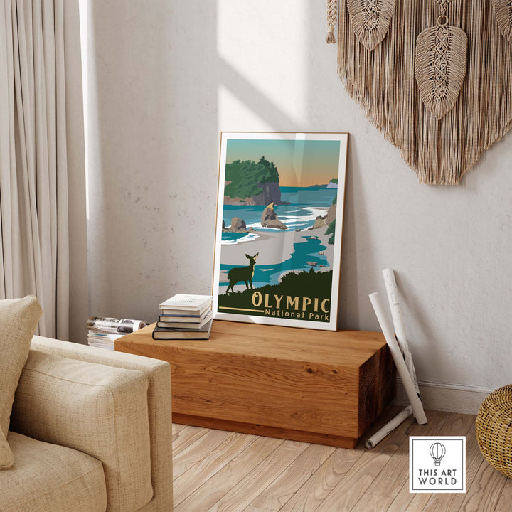 Olympic National Park Print displayed in a rustic living room, showcasing vintage travel poster design.