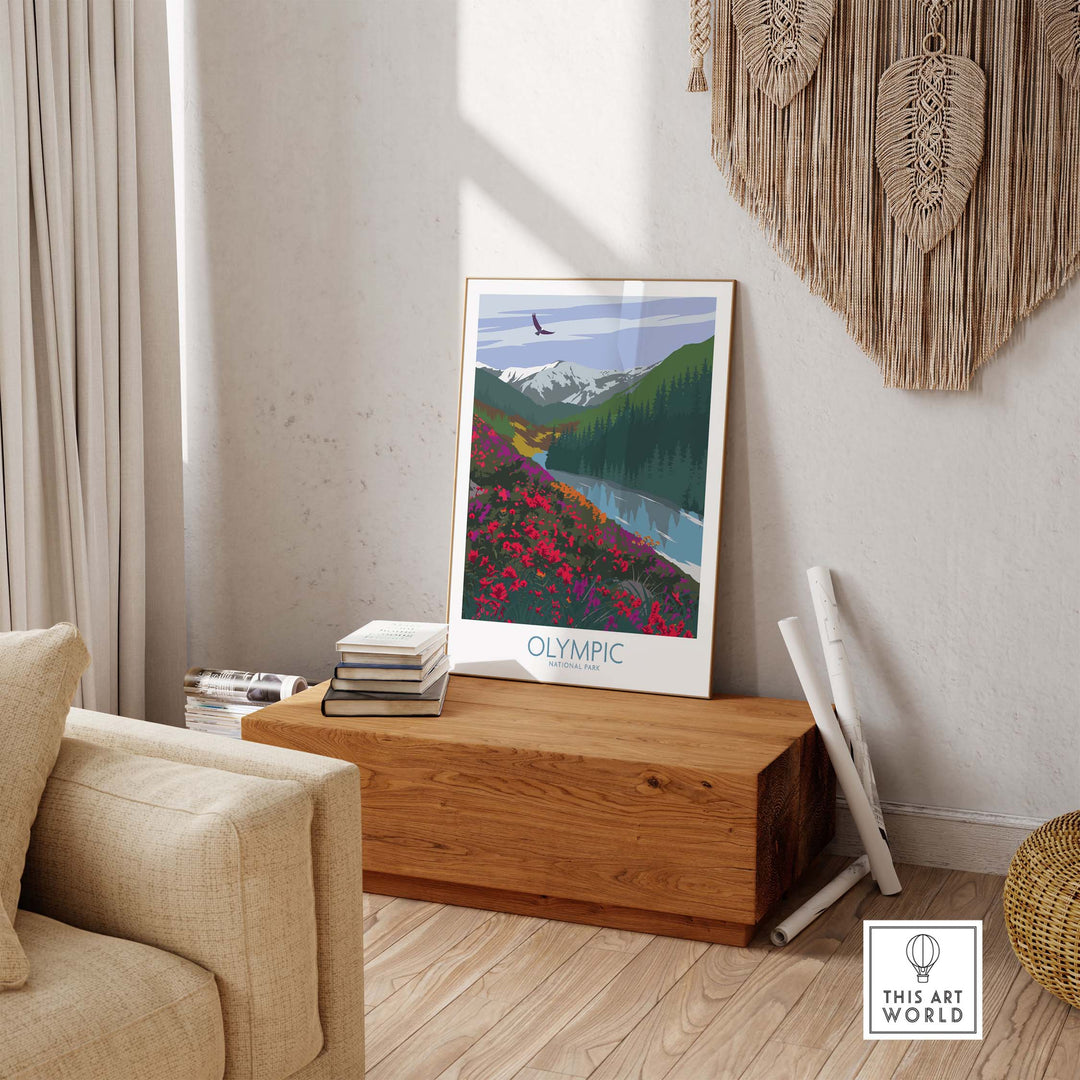 Olympic National Park poster art print displayed in a stylish interior with minimalist decor and natural elements.