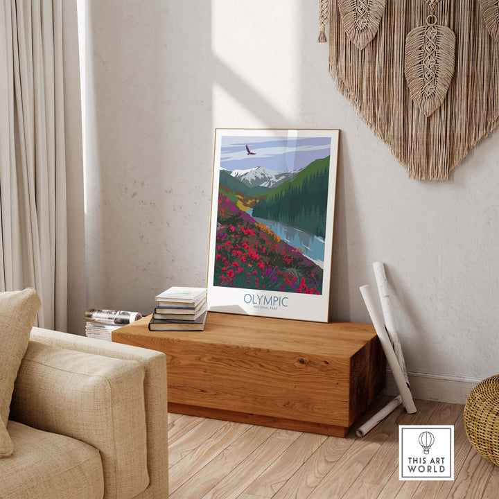 Olympic National Park poster art print displayed in a stylish interior with minimalist decor and natural elements.