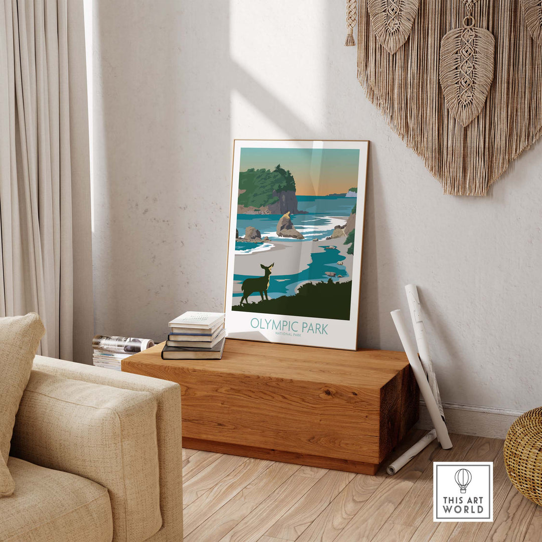Olympic National Park wall art in minimalist style displayed in a cozy living room setting.