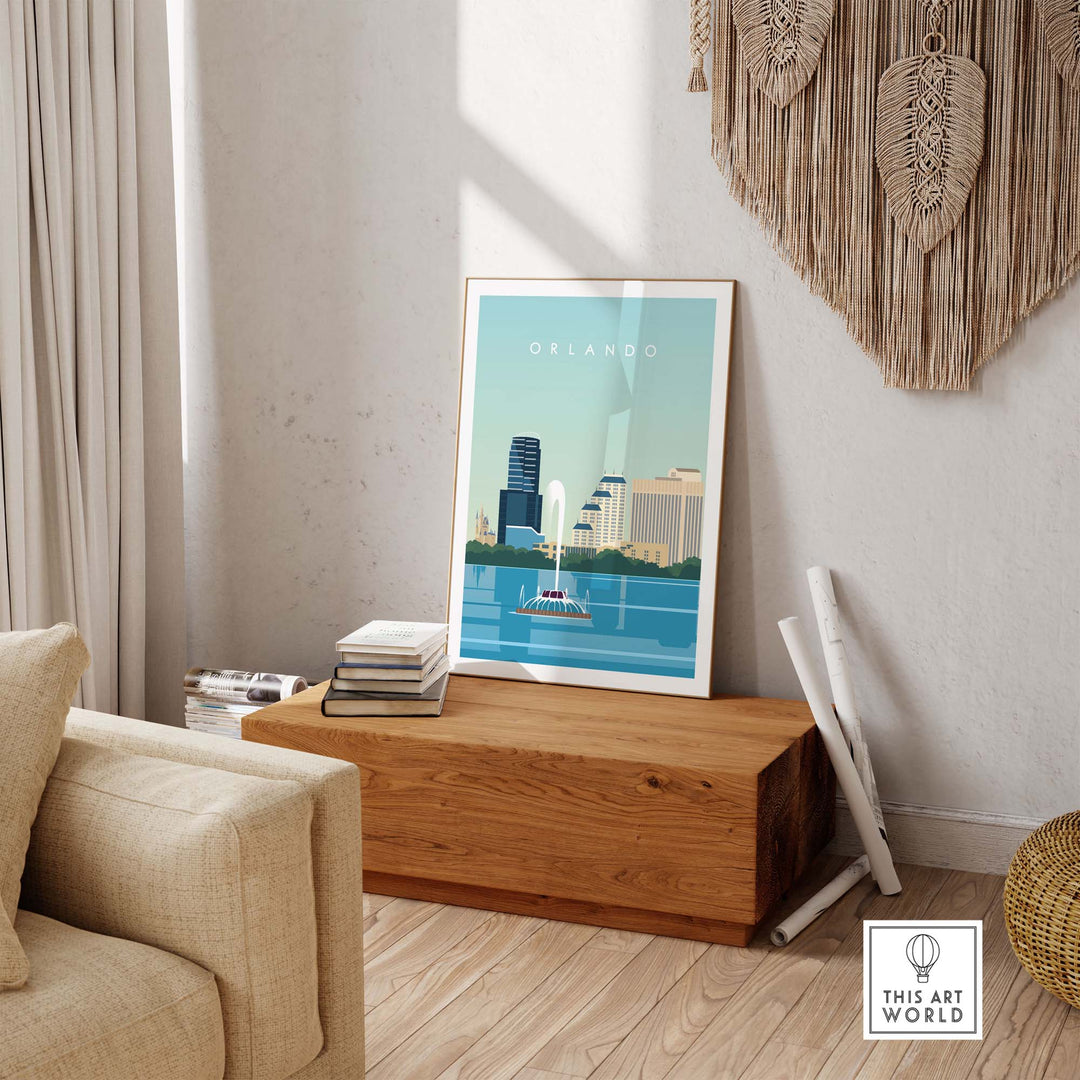 Orlando travel poster print displayed in a bright living room, featuring minimalist design and vibrant city skyline.