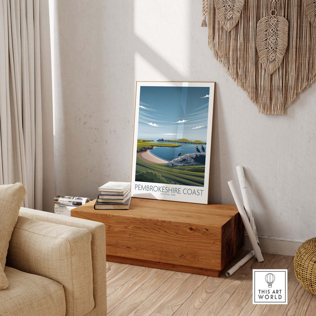 Stylish Pembrokeshire Coast print poster displayed in a cozy modern living room setting.