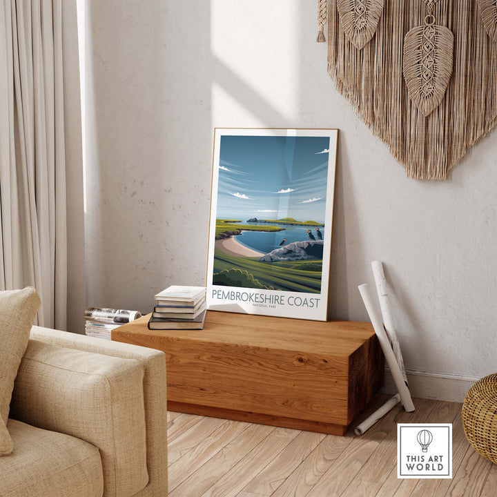Stylish Pembrokeshire Coast print poster displayed in a cozy modern living room setting.