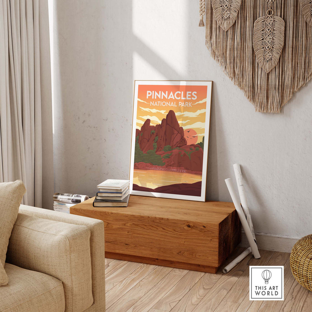 Pinnacles National Park poster displayed in a stylish living room, highlighting minimalist art and nature inspiration.