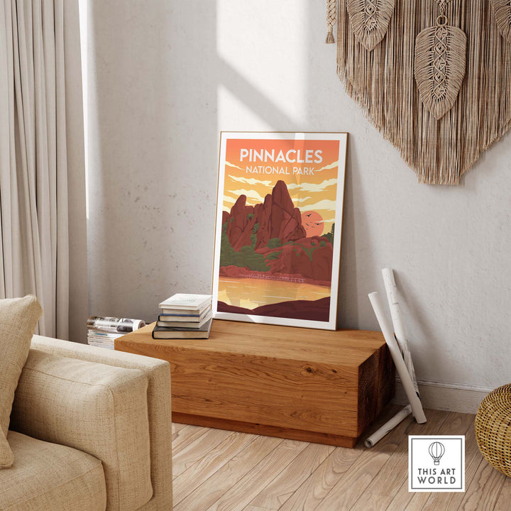 Pinnacles National Park poster displayed in a stylish living room, highlighting minimalist art and nature inspiration.