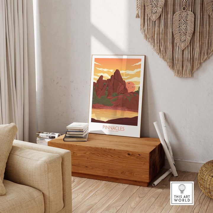 Minimalist Pinnacles National Park poster displayed in a stylish indoor setting, showcasing vibrant colors and nature.