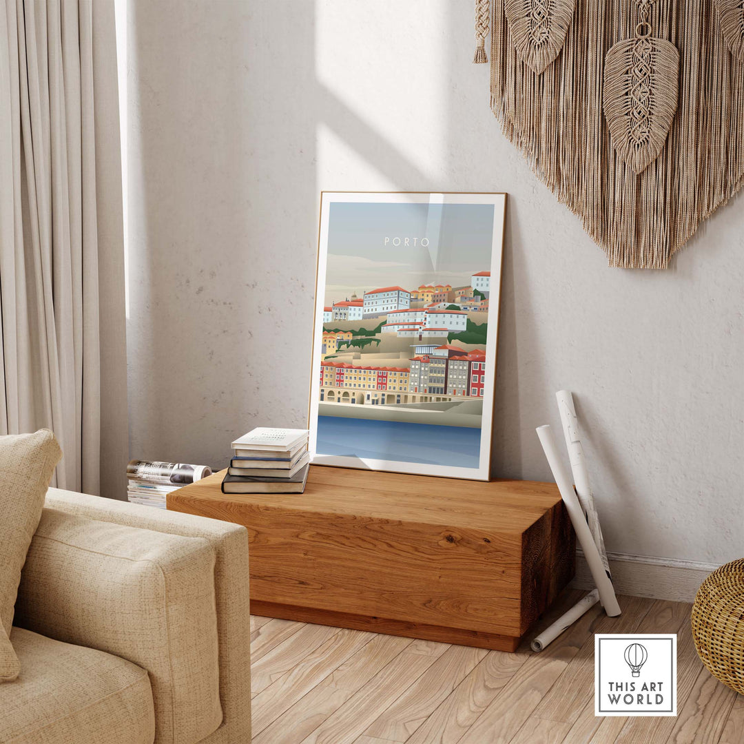 Porto Portugal Wall Art Poster displayed in a stylish living room setting, showcasing vintage travel design.