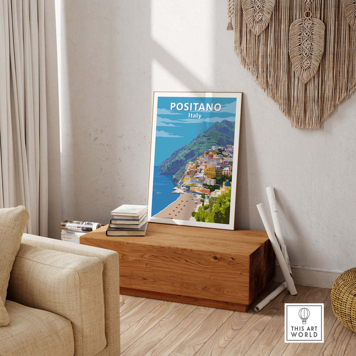 Positano Poster Print Italy Wall Art displayed in a cozy living room setting, showcasing vibrant travel-inspired design.