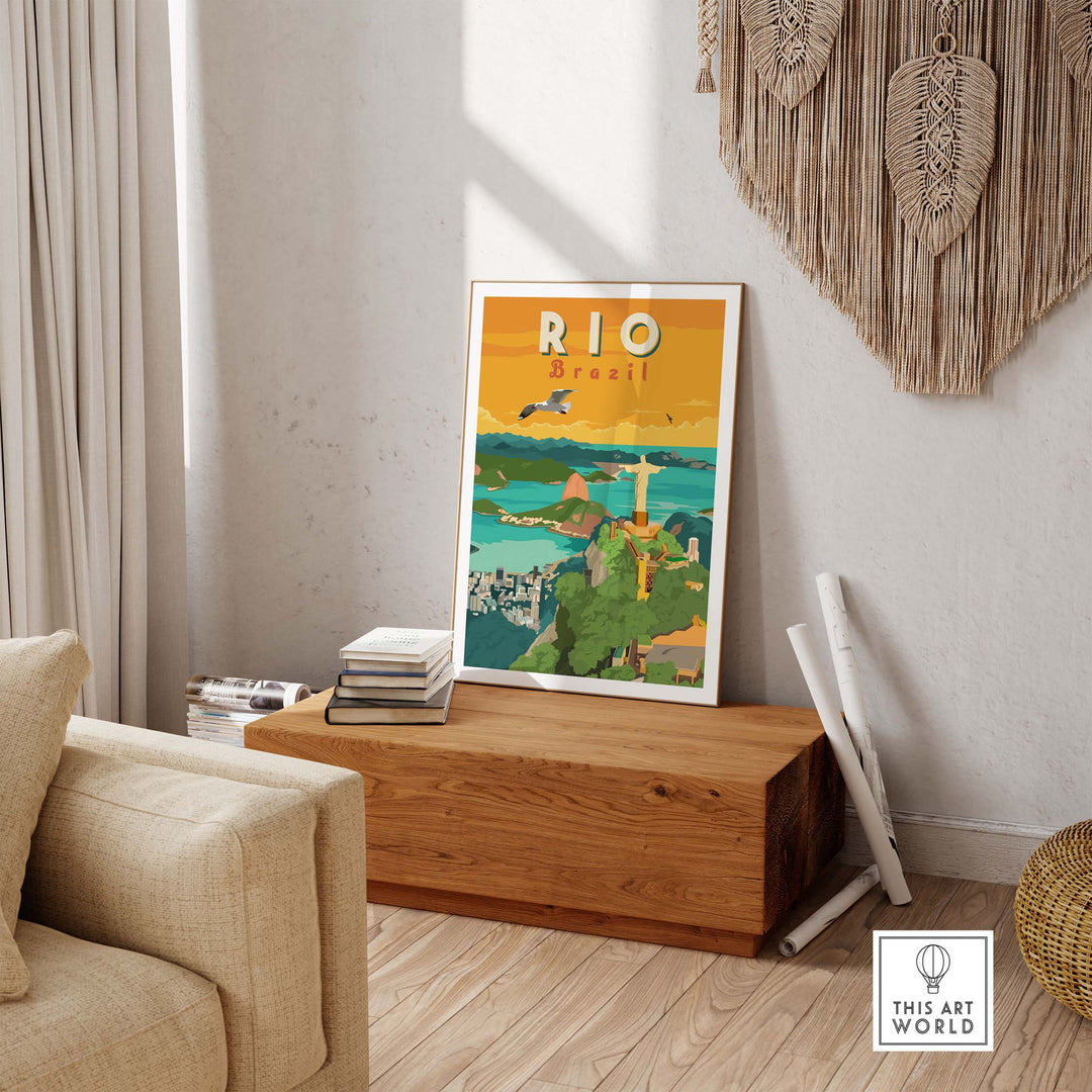 Rio Brazil wall art print in a stylish living room setting with wooden decor.