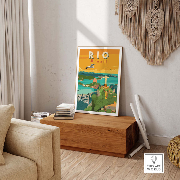 Rio Brazil wall art print in a stylish living room setting with wooden decor.
