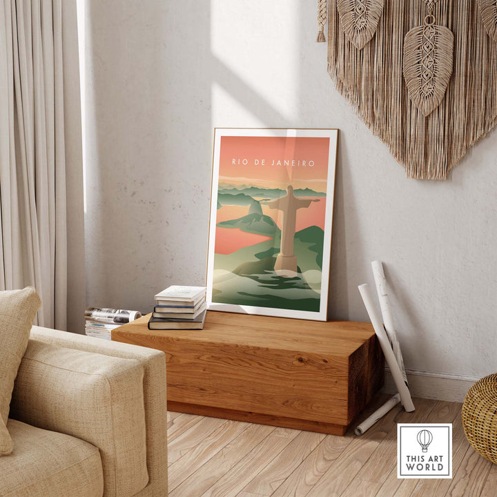 Stylish Rio de Janeiro wall art poster featuring Christ the Redeemer in a modern living room setting.