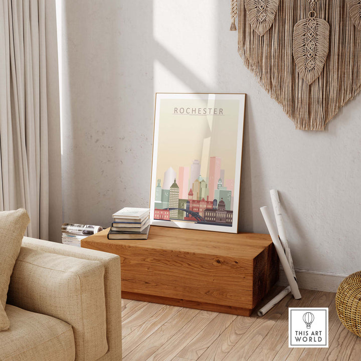 Rochester Skyline Wall Art Print displayed in a modern living room with warm pastel tones.
