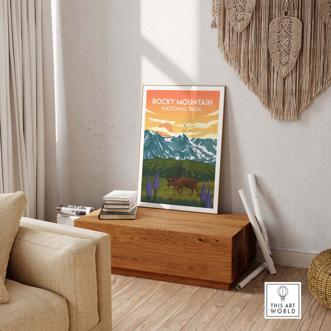 Rocky Mountain National Park print displayed in a cozy living room, inspired by vintage travel art.