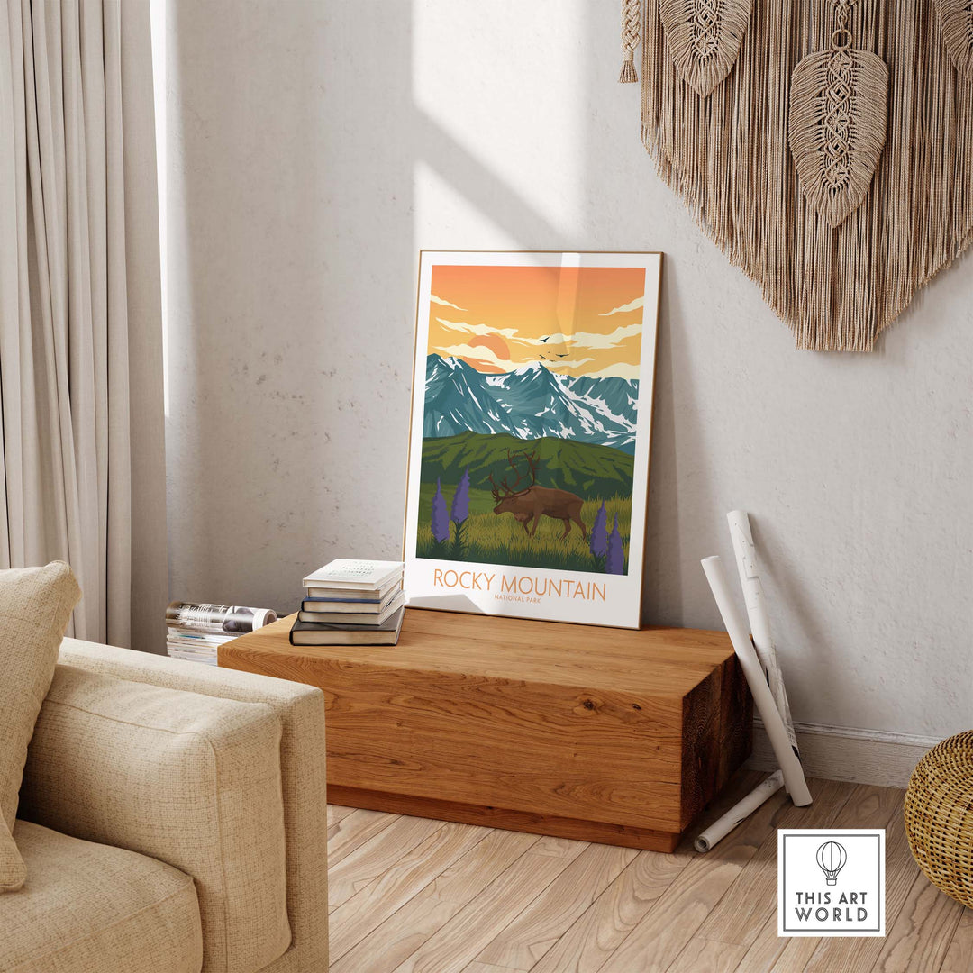 Rocky Mountain National Park art print displayed in a stylish living room, showcasing mountains and wildlife.