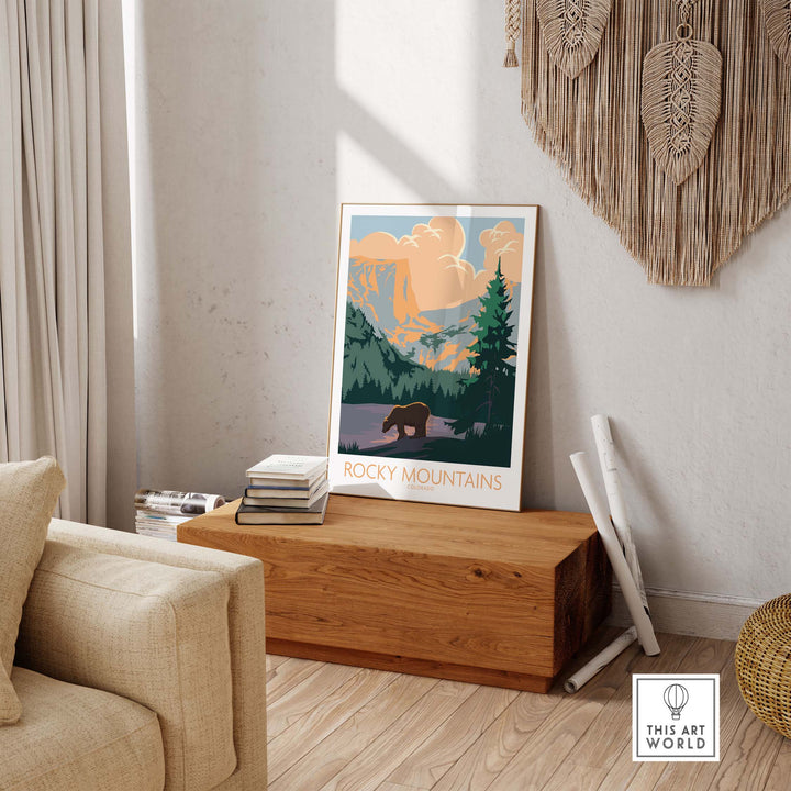 Rocky Mountains Colorado poster in a stylish home setting, showcasing vintage National Park art with a bear and scenic landscape.