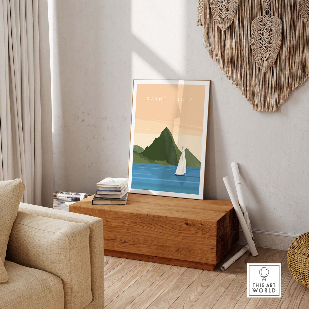 Saint Lucia wall art print featuring a sailboat and mountains, perfect for travel-inspired home decor.