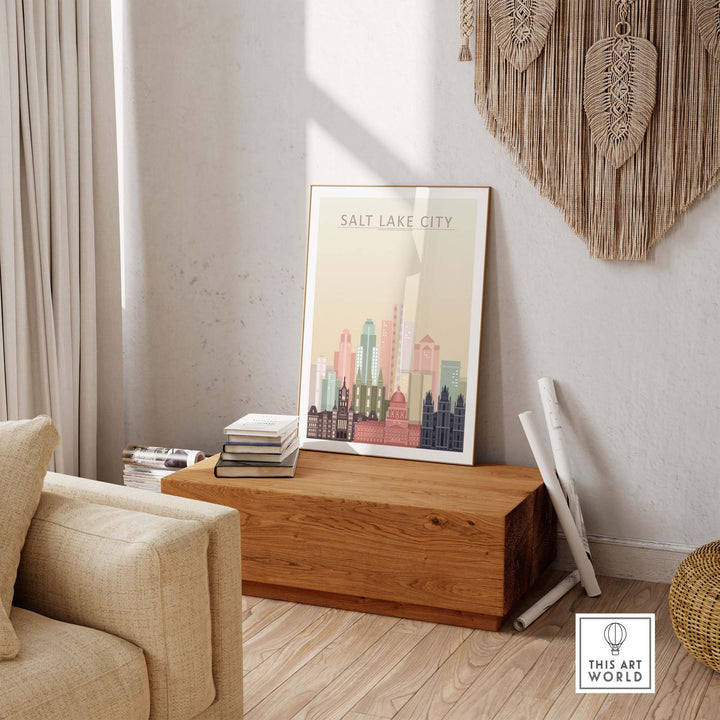 Salt Lake City skyline wall art print in pastel tones displayed in a cozy living room setting.